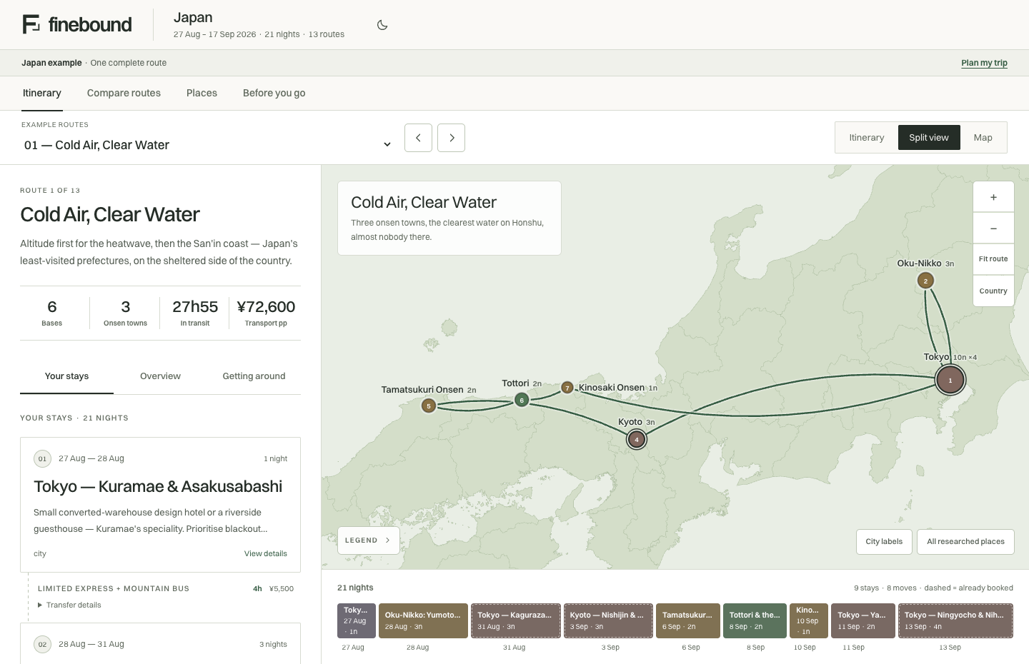 The real Finebound Japan itinerary, with stays, transport details and an interactive map